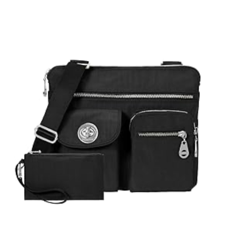 Baggallini Sydney Black Nylon Zippered Crossbody Travel Bag Organizer, Turnlock